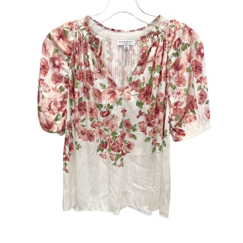 Current Air Los Angeles Floral Pleated Puff Sleeve Blouse XS‎ Pink Ivory Boho